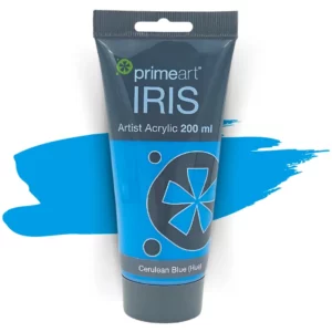 A single tube of Cerulean Blue Hue Prime Art Iris Acrylic Paint 200ml is shown in the frame. The tube is a clear plastic with a black printed band at the top of each tube that has the Prime Art Iris Logo printed on it. The tube has a black flip cap that the tube stands on. You can see the colour of the paint through the tube. On a white background.