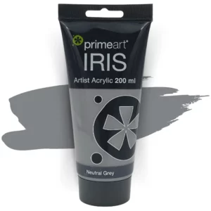A single tube of Neutral Grey Prime Art Iris Acrylic Paint 200ml is shown in the frame. The tube is a clear plastic with a black printed band at the top of each tube that has the Prime Art Iris Logo printed on it. The tube has a black flip cap that the tube stands on. You can see the colour of the paint through the tube. On a white background.