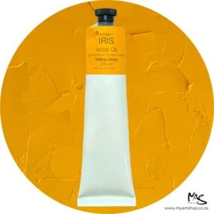 A tube of Yellow Deep Iris Oil Paint 200ml is seen standing vertically in the center of the frame. The tube is white and has a band of colour around the top of the tube that indicates the colour of the paint. The tube has a black plastic screw top. There is a circle in the center of the frame in the background, behind the tube of paint which has the paint swatch in it. On a white background.
