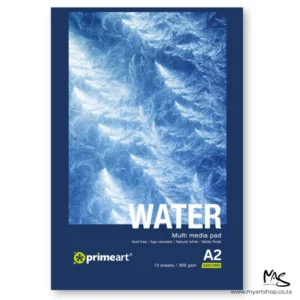 A single A2 Prime Art Cold Press Watercolour Pad is shown in the center of the frame. The pad has a dark blue border on the cover, with a large image of light blue water. There is white text describing the qualities of the paper and the pad size and there is a prime art logo in the bottom left hand corner of the pad. The pad sits vertically / portrait, in the center of the frame and is on a white background.