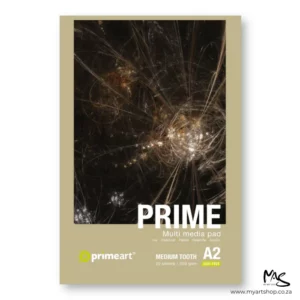 A single A2 Prime Art Multi Media Pad 200gsm is shown in the center of the frame. The image is of the front of the pad cover. The pad has an abstract image printed on the cover and is surrounded by a green background with white text describing the qualities of the 200gsm pad. The image is center of the frame and on a white background.