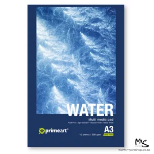 A single A3 Prime Art Cold Press Watercolour Pad is shown in the center of the frame. The pad has a dark blue border on the cover, with a large image of light blue water. There is white text describing the qualities of the paper and the pad size and there is a prime art logo in the bottom left hand corner of the pad. The pad sits vertically / portrait, in the center of the frame and is on a white background.