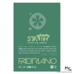 A single A4 Fabriano Start Drawing Pad is shown vertically in the center of the frame. The view is of the front of the pad. The cover is green and there is the Prime Art Logo at the top of the pad, with text below, describing the paper values. The image is center of the frame and on a white background.