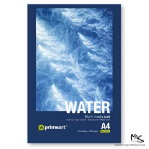 A single A4 Prime Art Cold Press Watercolour Pad is shown in the center of the frame. The pad has a dark blue border on the cover, with a large image of light blue water. There is white text describing the qualities of the paper and the pad size and there is a prime art logo in the bottom left hand corner of the pad. The pad sits vertically / portrait, in the center of the frame and is on a white background.