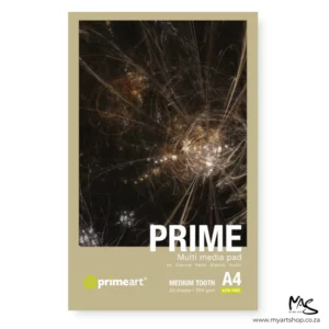 A single A4 Prime Art Multi Media Pad 200gsm is shown in the center of the frame. The image is of the front of the pad cover. The pad has an abstract image printed on the cover and is surrounded by a green background with white text describing the qualities of the 200gsm pad. The image is center of the frame and on a white background.
