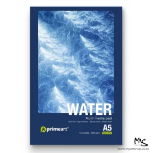 A single A5 Prime Art Cold Press Watercolour Pad is shown in the center of the frame. The pad has a dark blue border on the cover, with a large image of light blue water. There is white text describing the qualities of the paper and the pad size and there is a prime art logo in the bottom left hand corner of the pad. The pad sits vertically / portrait, in the center of the frame and is on a white background.