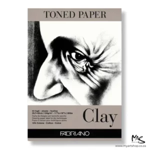 The front cover of a Clay Fabriano Toned Paper Pad is shown in the center of the frame. The pad has a colour tab at the top and at the bottom of the pad which indicates the colour of the paper inside the pad. There is an image of a close up of a persons eye and nose on the cover of the pad. The pad is on a white background.