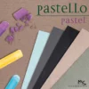 The frame is filled with a close up of a part of the cover of a Flecked Colours Fabriano Tiziano Pastel Paper Pad. It is of the image on the front cover. There are a few sheets of paper spread out in a fan shape it the bottom right hand corner of the frame, there are a few pastels and broken pieces of pastel around and on top of the paper. There is wording in the top right hand corner of the frame that says Pastello / Pastel. The image is cut off by the frame.