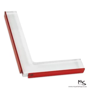 A single Gelli Arts Mini Placement Guide is shown loose in the center of the frame. The piece is an L shaped plastic arm that side against a corner of a gelli plate. The image is slightly angled across the center of the frame. On a white background