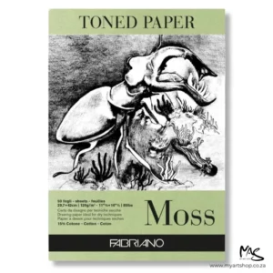 The front cover of a Moss Fabriano Toned Paper Pad is shown in the center of the frame. The pad has a colour tab at the top and at the bottom of the pad which indicates the colour of the paper inside the pad. There is an image of a bug on the cover of the pad which is drawn in black. The pad is on a white background.