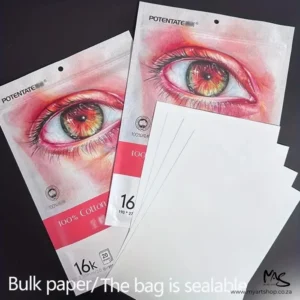 There are 2 Potentate Pencil Paper Packs shown in a fan shape in the center of the frame. It is a front view of the packets. The packs are printed with an image of an eye and have text describing the contents of the pack and values of the paper. There are 4 loose sheets scattered on top of the packs, in the bottom right hand corner of the frame.