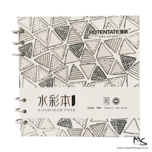 A single Potentate Ringbound Watercolour Handbook Cold Press is shown from a 'front on' view, in the center of the frame. The cover is designed with black and white geometrical shapes and the ring binder is along the left hand side of the frame. The book is square and on a white background.