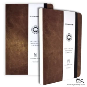 The image shows a Cold Press Potentate Watercolour Handbook with a Brown Cover in two views. There is a front on view of the cover in the top left hand corner of the frame and an angled profile so you can see the stitched spine and front cover, in the bottom right hand corner of the frame. The front view, overlaps the back book. The image is center of the frame and on a white background.