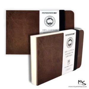 The image shows a Cold Press Potentate Watercolour Handbook with a Brown Cover in two views. There is a from ton view of the cover in the top left hand corner of the frame and an angled profile so you can see the stitched spine and front cover, in the bottom right hand corner of the frame. The front view, overlaps the back book. The image is center of the frame and on a white background.
