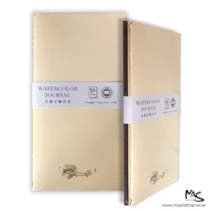 The image shows a Hot Press Potentate Watercolour Journal with a beige cover in two views. There is a front on view of the cover in the top left hand corner of the frame and an angled profile so you can see the stitched spine and front cover, in the bottom right hand corner of the frame. The front view, overlaps the back book. The image is center of the frame and on a white background.