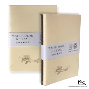 The image shows a Hot Press Potentate Watercolour Journal with a beige cover in two views. There is a front on view of the cover in the top left hand corner of the frame and an angled profile so you can see the stitched spine and front cover, in the bottom right hand corner of the frame. The front view, overlaps the back book. The image is center of the frame and on a white background.