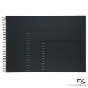 There are 3 Prime Art Academy Sketch Book Landscape shown in this frame. They are stacked on top of each other, with the largest at the back and the smallest at the front. This shows the different sizes compared to each other. The covers are black and they have a black spiral bind down the short side of each book. The image is center of the frame and on a white background