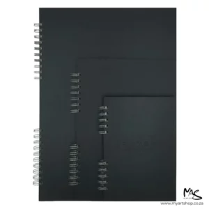 There are 3 Prime Art Academy Sketch Book Portrait shown in this frame. They are stacked on top of each other, with the largest at the back and the smallest at the front. This shows the different sizes compared to each other. The covers are black and they have a black spiral bind down the short side of each book. The image is center of the frame and on a white background