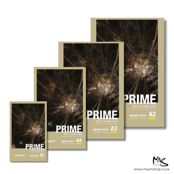 prime-art-multi-media-pad-200gsm-02 There are 4 different sized Prime Art Multi Media Pads shown in the frame. The largest one is shown at the back, in the top right hand corner of the frame, and the smallest one is shown at the front, bottom left hand corner of the frame. They are staggered in terms of size. Each pad has an abstract image printed on the cover and is surrounded by a green background with white text describing the qualities of the 200gsm pad. The image is center of the frame and on a white background.