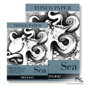 There are two different sized Sea Fabriano Toned Paper Pads in the frame. The back pad is bigger than the top pad. They have a coloured tab along the top and bottom of the cover of each pad that indicates the colour of the papers inside. There is a large image of an octopus on the cover of each pad drawn in black. The image is center of the frame and on a white background.