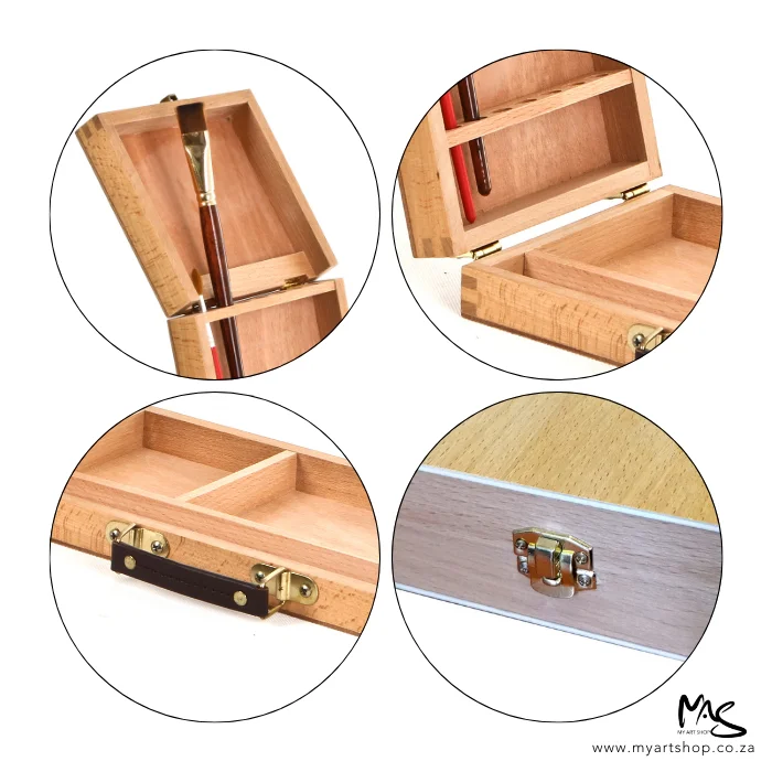 wooden-paint-brush-box-02 There are 4 circles in the center of the frame that showcase different aspects of the Wooden Paint Brush Box. The top left hand circle shows a paint brush being held in the box. The top right hand circle shows the hinged lid. The bottom left hand circle shows the handle and the bottom right hand circle shows the clasp that closes the box. The circles are on a white background.