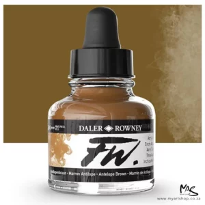 A single bottle of Antelope Brown Daler Rowney FW Acrylic Ink can be seen in the center of the frame. The bottle is a clear glass and has a white label around the body of the bottle with black text. The text describes the colour of the ink and there is the brand name and fw logo on the label. The bottle has a black, plastic eye dropper lid. There is a colour block rectangle in the background, behind the bottle, which shows the colour of the ink. There is a slight shadow at the base of the bottle.