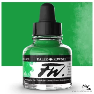 A single bottle of Emerald Green Daler Rowney FW Acrylic Ink can be seen in the center of the frame. The bottle is a clear glass and has a white label around the body of the bottle with black text. The text describes the colour of the ink and there is the brand name and fw logo on the label. The bottle has a black, plastic eye dropper lid. There is a colour block rectangle in the background, behind the bottle, which shows the colour of the ink. There is a slight shadow at the base of the bottle.