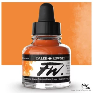 A single bottle of Flame Orange Daler Rowney FW Acrylic Ink can be seen in the center of the frame. The bottle is a clear glass and has a white label around the body of the bottle with black text. The text describes the colour of the ink and there is the brand name and fw logo on the label. The bottle has a black, plastic eye dropper lid. There is a colour block rectangle in the background, behind the bottle, which shows the colour of the ink. There is a slight shadow at the base of the bottle.