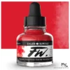 A single bottle of Flame Red Daler Rowney FW Acrylic Ink can be seen in the center of the frame. The bottle is a clear glass and has a white label around the body of the bottle with black text. The text describes the colour of the ink and there is the brand name and fw logo on the label. The bottle has a black, plastic eye dropper lid. There is a colour block rectangle in the background, behind the bottle, which shows the colour of the ink. There is a slight shadow at the base of the bottle.