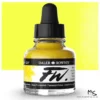 A single bottle of Fluorescent Yellow Daler Rowney FW Acrylic Ink can be seen in the center of the frame. The bottle is a clear glass and has a white label around the body of the bottle with black text. The text describes the colour of the ink and there is the brand name and fw logo on the label. The bottle has a black, plastic eye dropper lid. There is a colour block rectangle in the background, behind the bottle, which shows the colour of the ink. There is a slight shadow at the base of the bottle.