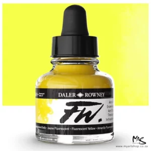 A single bottle of Fluorescent Yellow Daler Rowney FW Acrylic Ink can be seen in the center of the frame. The bottle is a clear glass and has a white label around the body of the bottle with black text. The text describes the colour of the ink and there is the brand name and fw logo on the label. The bottle has a black, plastic eye dropper lid. There is a colour block rectangle in the background, behind the bottle, which shows the colour of the ink. There is a slight shadow at the base of the bottle.