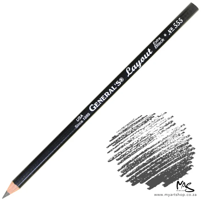 A single General's Layout Extra Black Pencil is shown diagonally across the center of the frame. The sharpened black lead tip is facing the bottom left hand corner of the frame and the back end of the pencil is facing the top right hand corner of the frame. The pencil has a black barrel with text running up the barrel. There is a circle in the bottom right hand corner that shows a test sketch of the pencil. The image is center of the frame and on a white background.