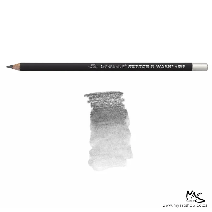 There is a single General's Sketch and Wash Pencil shown laying horizontally across the top of the frame, with a sketch mark below it. The sketch mark is shown with a little liquid added to show that the pencil is water soluble. The pencil is black with a metallic platinum end at the back of the pencil. The pencil is sharpened and has a black lead. The image is center of the frame and on a white background.