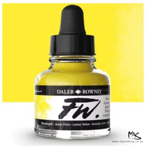 A single bottle of Lemon Yellow Daler Rowney FW Acrylic Ink can be seen in the center of the frame. The bottle is a clear glass and has a white label around the body of the bottle with black text. The text describes the colour of the ink and there is the brand name and fw logo on the label. The bottle has a black, plastic eye dropper lid. There is a colour block rectangle in the background, behind the bottle, which shows the colour of the ink. There is a slight shadow at the base of the bottle.