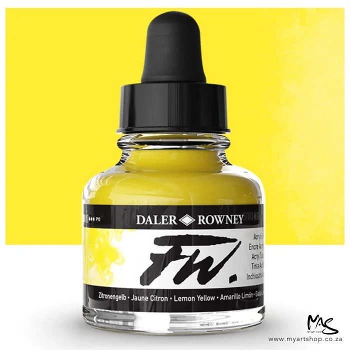 A single bottle of Lemon Yellow Daler Rowney FW Acrylic Ink can be seen in the center of the frame. The bottle is a clear glass and has a white label around the body of the bottle with black text. The text describes the colour of the ink and there is the brand name and fw logo on the label. The bottle has a black, plastic eye dropper lid. There is a colour block rectangle in the background, behind the bottle, which shows the colour of the ink. There is a slight shadow at the base of the bottle.
