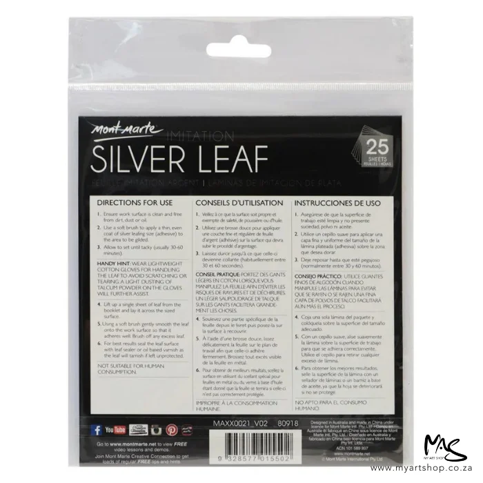 mont-marte-imitation-silver-leaf-05 The back packaging of Mont Marte Imitation Silver Leaf can be seen in the center of the frame. The leaf is supplied in a clear packet that is hangable. There is a piece of paper in the back of the packet with the instructions for the leafing process. The image is center of the frame and on a white background.