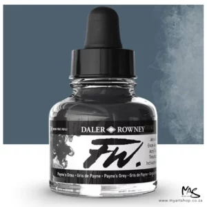A single bottle of Paynes Grey Daler Rowney FW Acrylic Ink can be seen in the center of the frame. The bottle is a clear glass and has a white label around the body of the bottle with black text. The text describes the colour of the ink and there is the brand name and fw logo on the label. The bottle has a black, plastic eye dropper lid. There is a colour block rectangle in the background, behind the bottle, which shows the colour of the ink. There is a slight shadow at the base of the bottle.