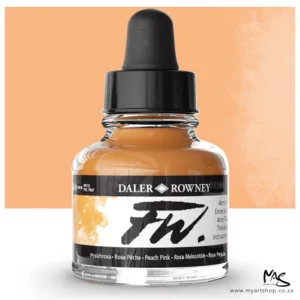 A single bottle of Peach Pink Daler Rowney FW Acrylic Ink can be seen in the center of the frame. The bottle is a clear glass and has a white label around the body of the bottle with black text. The text describes the colour of the ink and there is the brand name and fw logo on the label. The bottle has a black, plastic eye dropper lid. There is a colour block rectangle in the background, behind the bottle, which shows the colour of the ink. There is a slight shadow at the base of the bottle.