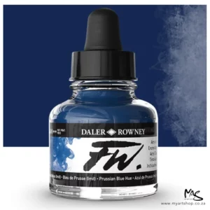 A single bottle of Prussian Blue Daler Rowney FW Acrylic Ink can be seen in the center of the frame. The bottle is a clear glass and has a white label around the body of the bottle with black text. The text describes the colour of the ink and there is the brand name and fw logo on the label. The bottle has a black, plastic eye dropper lid. There is a colour block rectangle in the background, behind the bottle, which shows the colour of the ink. There is a slight shadow at the base of the bottle.