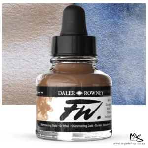 A single bottle of Shimmering Gold Daler Rowney FW Acrylic Ink can be seen in the center of the frame. The bottle is a clear glass and has a white label around the body of the bottle with black text. The text describes the colour of the ink and there is the brand name and fw logo on the label. The bottle has a black, plastic eye dropper lid. There is a colour block rectangle in the background, behind the bottle, which shows the colour of the ink. There is a slight shadow at the base of the bottle.