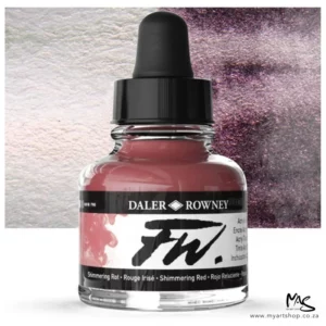 A single bottle of Shimmering Red Daler Rowney FW Acrylic Ink can be seen in the center of the frame. The bottle is a clear glass and has a white label around the body of the bottle with black text. The text describes the colour of the ink and there is the brand name and fw logo on the label. The bottle has a black, plastic eye dropper lid. There is a colour block rectangle in the background, behind the bottle, which shows the colour of the ink. There is a slight shadow at the base of the bottle.