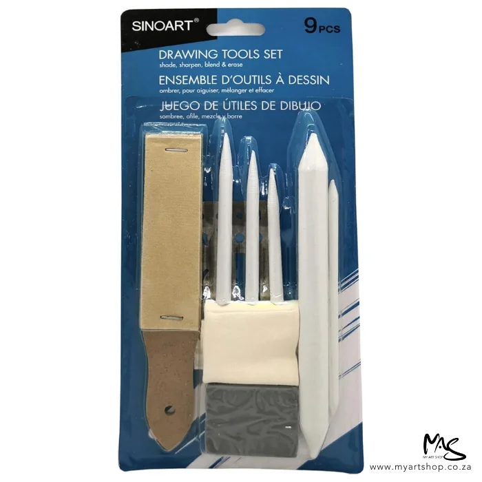 A Sinoart 9 piece Drawing Tool Set is shown standing vertically in the center of the frame. The set has a cardboard backing which is blue and printed with text describing the set. The contents are enclosed with a thick clear plastic top that holds the contents inside. You can see the 9 pieces of the set inside. There is a paper sandpaper block, some blending tools and a kneadable eraser and erasing shield. The image is on a white background.