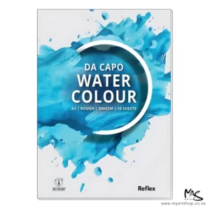 There is a single A3 Reflex Da Capo Watercolour Pad vertically in the center of the frame. The pad is white and has bright blue splashes of colour on the cover. There is a half white circle outline in the top center of the pad, with the words 'Da Capo Water colour' inside the circle. The image is center of the frame and on a white background.