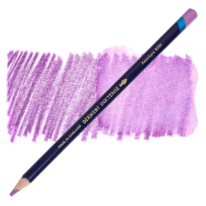 A single Amethyst Derwent Inktense Colour Pencil is shown diagonally across the center of the frame. The pencil is pointing with it's lead facing towards the bottom left hand corner. The barrel of the pencil is blue and the end of the pencil is colour dipped to match the colour of the lead for easy identification. There is text down the barrel of the pencil with the colour name and brand name. There is a colour swatch of the pencil in the background, that runs horizontally across the center of the frame. The image is center of the frame and on a white background.