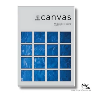 There is a single A4 Artboard Canvas Pad 380gsm shown in the center of the frame. The pad is standing vertically in the center of the frame. The pad is grey and has a small amount of black text in the top right hand corner. There are 16 blocks on the cover that are blue paint and show some texture. The image is on a white background.