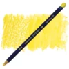 A single Cadmium Yellow Derwent Inktense Colour Pencil is shown diagonally across the center of the frame. The pencil is pointing with it's lead facing towards the bottom left hand corner. The barrel of the pencil is blue and the end of the pencil is colour dipped to match the colour of the lead for easy identification. There is text down the barrel of the pencil with the colour name and brand name. There is a colour swatch of the pencil in the background, that runs horizontally across the center of the frame. The image is center of the frame and on a white background.
