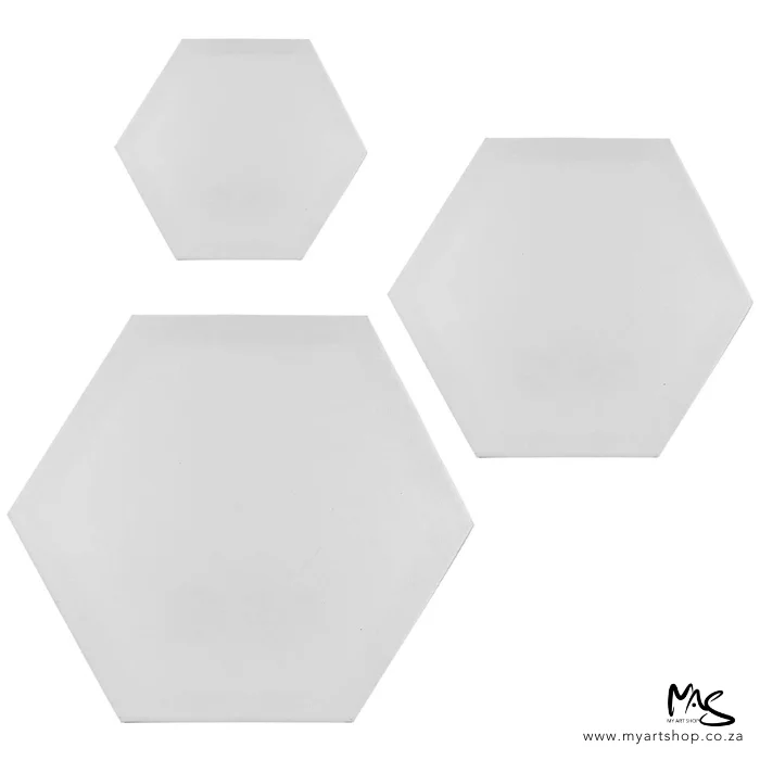 dala-hexagonal-stretched-canvas-02 There are 3 Dala Hexagonal Stretched Canvases of different sizes shown in the frame. The largest canvas is in the bottom left hand corner, the medium sized is in the top right hand corner and the smallest is in the top left hand side of the frame. All the canvases are white. On a white background.