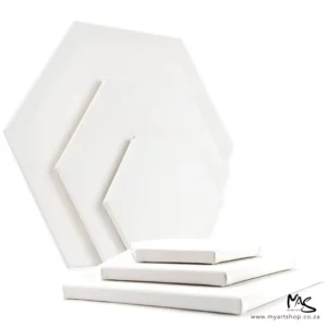 There are 6 Dala Hexagonal Stretched Canvases shown in the frame. Three of different sizes are standing up vertically along the left hand side of the frame and the remaining three (also different sizes), are laying down in front of the others. Only the top canvas part of the canvases can be seen. On a white background.