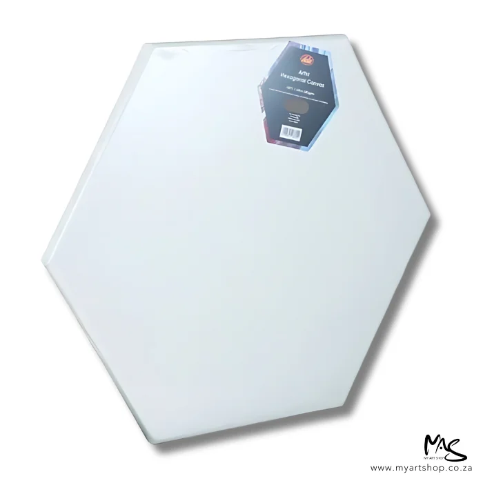 dala-hexagonal-stretched-canvas A single Dala Hexagonal Stretched Canvas is shown diagonally across the center of the frame. The canvas is white and has been stretched over a wooden frame. The image is center of the frame and on a white background.