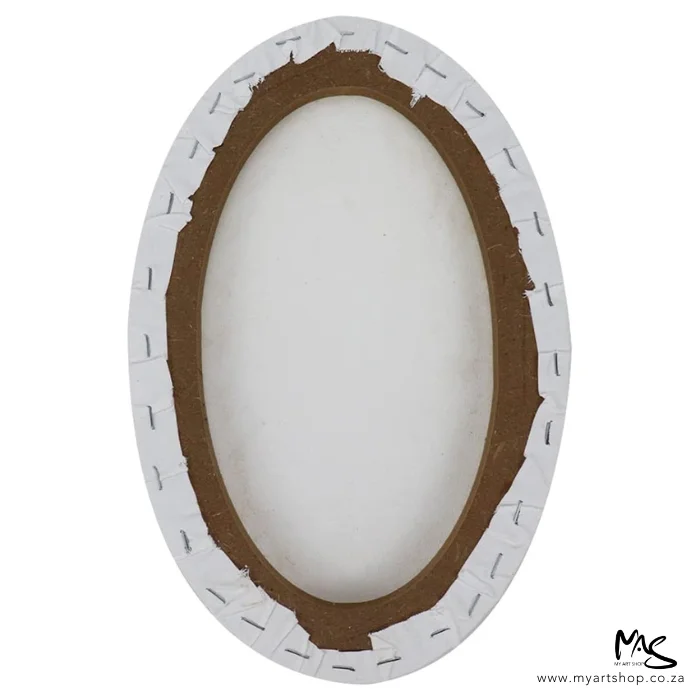 dala-oval-stretched-canvas-02 The back of a Dala Oval Stretched Canvas is shown vertically in the center of the frame. You can see the canvas stapled around the wooden frame. Center of the frame and on a white background.